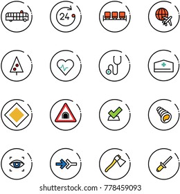 line vector icon set - airport bus vector, 24 hours, waiting area, plane globe, christmas tree, heart pulse, stethoscope, doctor hat, main road sign, tunnel, check, shell, eye scanner, connect, axe