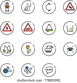 line vector icon set - airport tower vector, stethoscope, cent, multi lane traffic road sign, intersection, car crash, bell, garbage, life vest, tulip, printer wireless, eye scanner, key, molecule