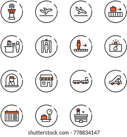 line vector icon set - airport tower vector, departure, arrival, baggage, passport control, metal detector gate, travolator, terrorism, officer window, duty free, truck, trap, schedule, scales