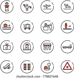 line vector icon set - airport tower vector, traffic controller, departure, arrival, baggage, passport control, travolator, terrorism, officer window, duty free, truck, trap, plane seats, scales