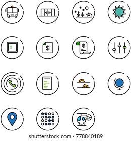 line vector icon set - airport bus vector, automatic doors, christmas landscape, sun, safe, account statement, history, settings, phone horn, document, flip flops, globe, navigation pin, circuit