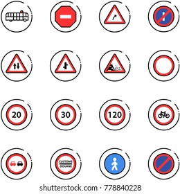 line vector icon set - airport bus vector, no way road sign, turn right, parkin odd, oncoming traffic, intersection, gravel, prohibition, speed limit 20, 30, 120, bike, overtake, customs, pedestrian