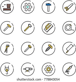 line vector icon set - airport building vector, heart gear, hammer, saw, sledgehammer, trowel, measuring tape, plumber, nail, screw, metal hacksaw, winch, pipe welding, gun sealant