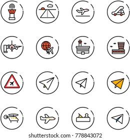 line vector icon set - airport tower vector, runway, departure, trap truck, boarding passengers, plane globe, building, road sign, paper, fly, helicopter, jointer