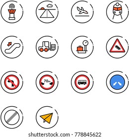 line vector icon set - airport tower vector, runway, arrival, train, escalator up, fork loader, baggage scales, multi lane traffic road sign, no left turn, limited distance, bus, detour, limit