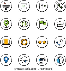 line vector icon set - airport building vector, safe, settings, phone horn, map pin, gear globe, flag, portfolio, doors, sun, sunglasses, navigation, cloud exchange data, helicopter toy, basketball