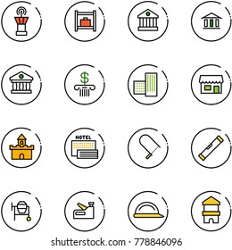 line vector icon set - airport tower vector, baggage room, bank, building, store, sand fort, sea hotel, fretsaw, level, cocncrete mixer, stapler, construction helmet, toy block house