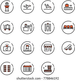 line vector icon set - airport tower vector, departure, arrival, baggage, passport control, metal detector gate, waiting area, terrorism, officer window, duty free, trap truck, plane seats, schedule