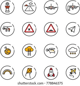 line vector icon set - airport tower vector, runway, plane, boarding passengers, helicopter, road sign, artificial unevenness, paper fly, moon flag, cloud ladder, rain, rainbow, kite, rocket