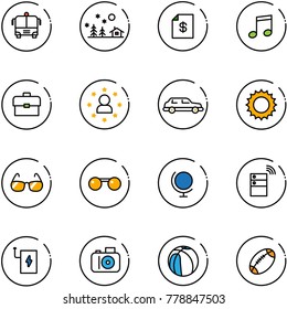 line vector icon set - airport bus vector, christmas landscape, account statement, music, portfolio, star man, limousine, sun, sunglasses, globe, server wireless, power bank, camera, basketball
