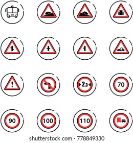 line vector icon set - airport bus vector, climb road sign, steep descent, tunnel, intersection, car crash, attention, no left turn, limited width, speed limit 70, 90, 100, 110, truck overtake