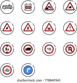 line vector icon set - airport bus vector, sign post, embankment road, tractor way, abrupt turn right, intersection, railway, attention, limited height, no truck, speed limit 10, back, tax peage