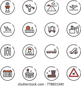 line vector icon set - airport tower vector, traffic controller, runway, departure, arrival, baggage, passport control, metal detector gate, officer window, truck, trap, schedule, building