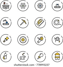 line vector icon set - airport building vector, gear, conveyor, axe, trowel, measuring tape, dowel, saw disk, Angular grinder, cocncrete mixer, winch, welding, oiler, toy block house