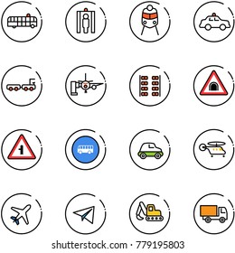 line vector icon set - airport bus vector, metal detector gate, train, safety car, baggage truck, boarding passengers, plane seats, tunnel road sign, intersection, helicopter, paper, excavator toy