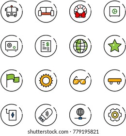 line vector icon set - airport bus vector, vip waiting area, christmas wreath, safe, account statement, globe, star, flag, sun, sunglasses, skateboard, power bank, usb wi fi, gear
