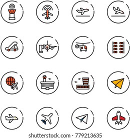 line vector icon set - airport tower vector, plane radar, departure, arrival, trap truck, boarding passengers, helicopter, seats, globe, building, paper fly, toy