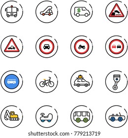 line vector icon set - airport bus vector, trap truck, encashment car, embankment road sign, crash, no, moto, overtake, bike, baggage, piston, excavator toy, baby