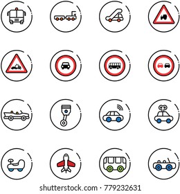line vector icon set - airport bus vector, baggage truck, trap, tractor way road sign, car crash, no, overtake, cabrio, piston, wireless, toy, baby, plane