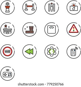 line vector icon set - airport tower vector, vip zone, metal detector gate, terrorism, building, floor scales, traffic light road sign, customs, fast backward, gear globe, remote control