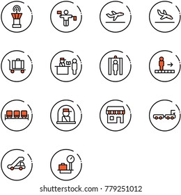 line vector icon set - airport tower vector, traffic controller, departure, arrival, baggage, passport control, metal detector gate, travolator, waiting area, officer window, duty free, truck, trap