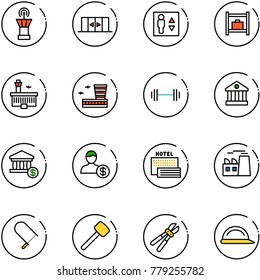 line vector icon set - airport tower vector, automatic doors, elevator, baggage room, building, barbell, bank, account, sea hotel, plant, fretsaw, rubber hammer, bolt cutter, construction helmet