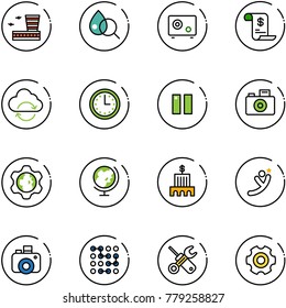 line vector icon set - airport building vector, blood test, safe, account history, refresh cloud, time, pause, camera, gear globe, bank, flying man, circuit, wrench screwdriver