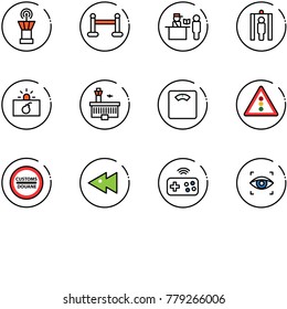 line vector icon set - airport tower vector, vip zone, passport control, metal detector gate, terrorism, building, floor scales, traffic light road sign, customs, fast backward, joystick wireless