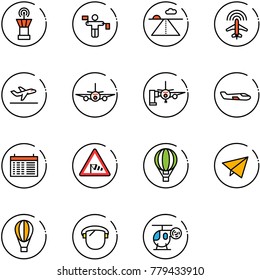 line vector icon set - airport tower vector, traffic controller, runway, plane radar, departure, boarding passengers, small, schedule, side wind road sign, air balloon, paper fly, protect glass