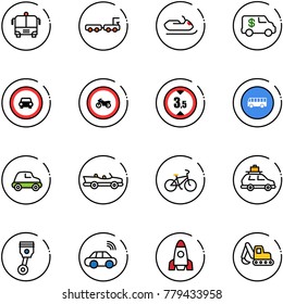 line vector icon set - airport bus vector, baggage truck, snowmobile, encashment car, no road sign, moto, limited height, cabrio, bike, piston, wireless, rocket, excavator toy