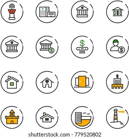 line vector icon set - airport tower vector, hospital building, bank, account, home, doors, sand fort, hotel, lighthouse