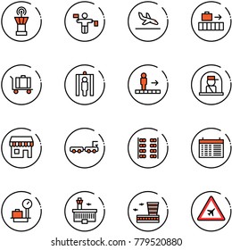 line vector icon set - airport tower vector, traffic controller, arrival, baggage, metal detector gate, travolator, officer window, duty free, truck, plane seats, schedule, scales, building