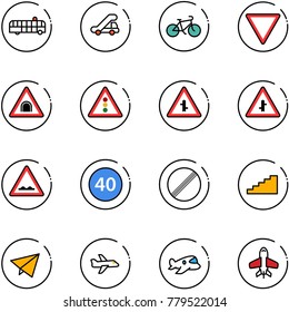 line vector icon set - airport bus vector, trap truck, bike, giving way road sign, tunnel, traffic light, intersection, rough, minimal speed limit, no, stairs, paper fly, plane, toy