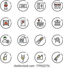 line vector icon set - airport tower vector, automatic doors, elevator, duty free, baggage room, first aid, building, bank, account, plant, bolt cutter, cocncrete mixer, winch, stapler, gun sealant