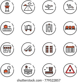 line vector icon set - airport tower vector, runway, departure, arrival, baggage, metal detector gate, waiting area, duty free, trap truck, plane seats, schedule, scales, building, road sign