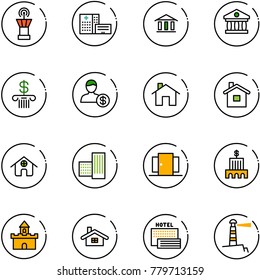 line vector icon set - airport tower vector, hospital building, bank, account, home, doors, sand fort, sea hotel, lighthouse