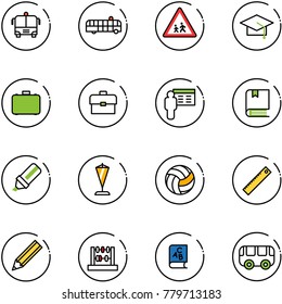 line vector icon set - airport bus vector, children road sign, graduate hat, case, portfolio, presentation, book, highlight marker, pennant, volleyball, ruler, pencil, abacus, abc, toy