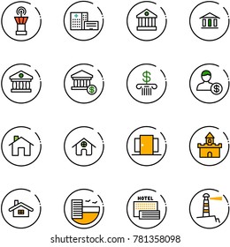 line vector icon set - airport tower vector, hospital building, bank, account, home, doors, sand fort, hotel, sea, lighthouse