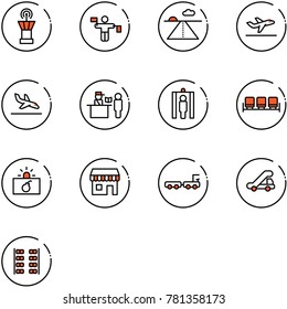 line vector icon set - airport tower vector, traffic controller, runway, departure, arrival, passport control, metal detector gate, waiting area, terrorism, duty free, baggage truck, trap