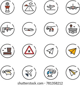 line vector icon set - airport tower vector, runway, departure, plane, boarding passengers, small, helicopter, building, road sign, paper fly, toy