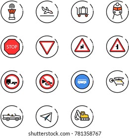 line vector icon set - airport tower vector, arrival, baggage, train, stop road sign, giving way, abrupt turn right, intersection, no trailer, horn, bus, helicopter, cabrio, paper plane