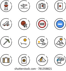 line vector icon set - airport tower vector, departure, suitcase, passport, trap truck, plane globe, customs road sign, bus, job, lounger, palm, pyramid, tent, helicopter toy