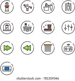 line vector icon set - airport tower vector, traffic controller, passport control, metal detector gate, officer window, building, settings, fast forward, backward, jalousie, joystick wireless