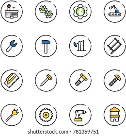 line vector icon set - airport building vector, gear, globe, conveyor, wrench, hammer, oil derrick, bucksaw, trowel, nail, bolt, screw, wood drill, saw disk, toy block house