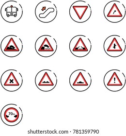 line vector icon set - airport bus vector, escalator up, giving way road sign, turn right, steep descent, embankment, drawbridge, intersection, railway, rough, artificial unevenness, attention