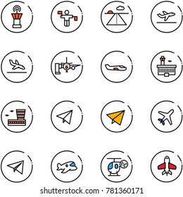 line vector icon set - airport tower vector, traffic controller, runway, departure, arrival, boarding passengers, small plane, building, paper fly, toy, helicopter