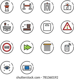 line vector icon set - airport tower vector, vip zone, metal detector gate, terrorism, building, floor scales, traffic light road sign, customs, fast forward, jalousie, remote control, eye scanner