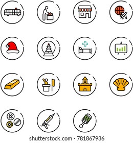 line vector icon set - airport bus vector, baby room, duty free, plane globe, christmas hat, snowball tree, hospital bed, presentation chart, gold, speaker, sand fort, shell, rivet, gun sealant