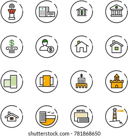 line vector icon set - airport tower vector, hospital building, bank, account, home, doors, sand fort, hotel, sea, lighthouse