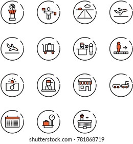 line vector icon set - airport tower vector, traffic controller, runway, departure, arrival, baggage, passport control, travolator, terrorism, officer window, duty free, truck, schedule, scales